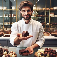 Image showing chocolatier pastry chef proudly presents their delicious range of fine chocolates generative ai