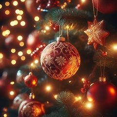 Image showing closeup of beautiful tree with lights and ornaments generative ai