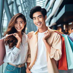Image showing young attractive asian couple shopping together in a mall generative ai