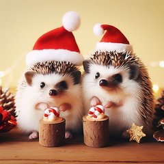 Image showing two cute little hedgehogs wearing santa hats at christmas time generative ai