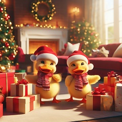 Image showing happy little ducklings with santa hats amongst the christmas presents