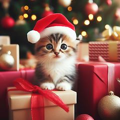 Image showing cute kitten wearing santa hat in the gifts
