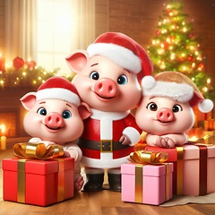 Image showing cute little pigs wearing santa hats 