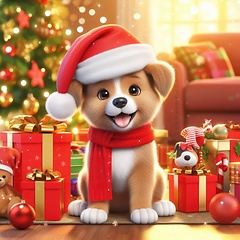 Image showing cute 3d art puppy with santa hat and gifts