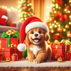 Image showing cute 3d art puppy with santa hat and gifts