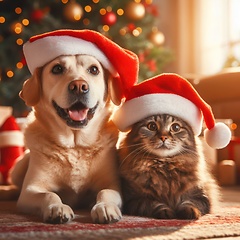 Image showing dog and a cat sitting together with santa hats