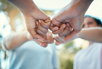 Image showing Fist, hands or support with nature friends in park for sustainability, earth or planet growth motivation. Diversity zoom, teamwork or collaboration of environment volunteer people in recycle charity