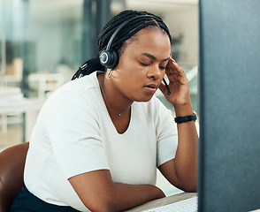 Image showing Stress, headache and black woman with call center computer in contact us, telemarketing and customer service office. Mental health, burnout or anxiety in crm consulting company with technology glitch