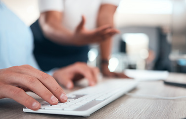 Image showing Business hands, typing computer keyboard and planning ideas, strategy and online research at desk with office staff. Zoom employees working pc desktop web analytics, email and internet tech analysis