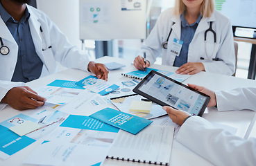 Image showing Covid information, healthcare doctor document and medical research data on paperwork, digital tablet and vaccine planning. Closeup of hospital team meeting for corona virus science analysis results