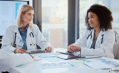 Image showing Doctors leadership meeting discussion for finance report, medical analytics or hospital planning with document paperwork. Women or people in healthcare communication on financial chart and technology