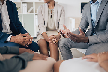 Image showing Community, trust and business people support and care during coaching session at work. Depression, anxiety and mental health with colleagues discussion of problem or addiction counseling in circle