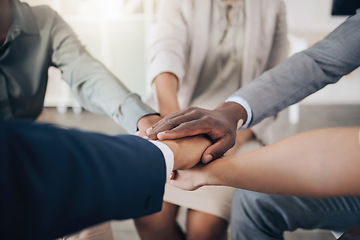 Image showing Business people, hands and teamwork unity in office circle for motivation, community trust or global collaboration. Zoom on black man, women or company diversity with target goal or ready for success