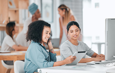 Image showing Women in creative agency planning on tablet, computer and digital technology for ideas, strategy and project solutions in startup. Designer teamwork collaboration, talking employees and internet apps