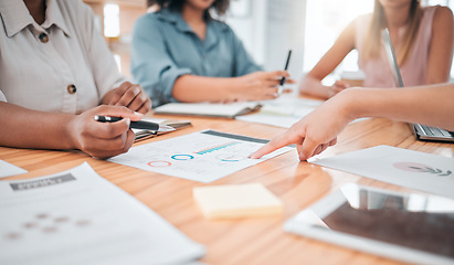 Image showing Business, marketing analytics and finance team discussing data with collaboration and teamwork in a office. Closeup staff working on tax, audit report and accounting infographics documents together