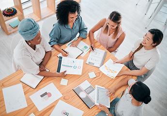 Image showing Charts, documents and business teamwork in a meeting with a group of workers sitting at office table from above. Strategy, analytics and collaboration of finance team working on data analysis project