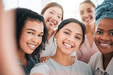 Image showing Diversity business women in selfie with smile for success, motivation and happiness with teamwork for company social media content. Young group of people or influencer in female empowerment portrait