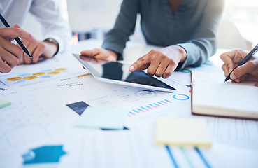 Image showing Business people, digital marketing and tablet in meeting with data paper, kpi documents and target audience infographic chart. Zoom on pointing hands, woman leader and training workshop for teamwork