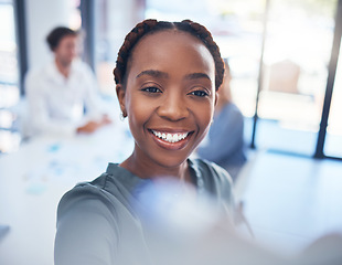 Image showing Business, black woman presentation and writing on whiteboard office planning, work meeting and strategy idea. Face of happy african marketing mentor training for goal, our vision and seminar manager