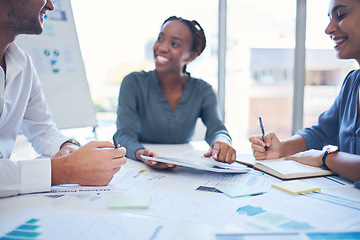 Image showing Business people, analytics and meeting discussion for documents, paperwork and research at the office. Group of analysts in teamwork collaboration, strategy and plan for company statistics or goals