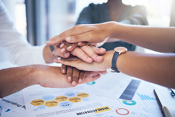 Image showing Support, trust and community with hands connected in collaboration during team meeting. Teamwork, strategy and planning with excited colleagues showing commitment with hand pile while celebrating