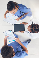 Image showing Doctors and nurse meeting with tablet, finance report and hospital growth chart document planning and analysis. Group of people in medical healthcare communication of clinic budget with technology