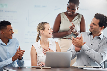 Image showing Business people applause for promotion success, achievement and winner motivation in office meeting. Happy diversity staff, onboarding celebration and support of goal, bonus and team congratulations