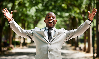 Image showing Excited businessman with success, winning and celebration portrait for bonus, achievement and career goal. Black man entrepreneur, corporate worker or professional winner celebrate sale and profit