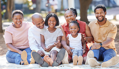 Image showing Generation of happy family, picnic in park and garden for summer in nature outdoors to relax, care and quality time together. Black people portrait of grandparents, parents and children enjoying day