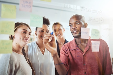 Image showing Business people planning, writing on glass board and brainstorming together for creative marketing idea, strategy or project. Teamwork, collaboration and manager in job management or work development