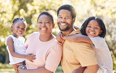 Image showing Children, family and love with a black man, woman and their kids outdoor in the park during summer. Happy, smile and parents with a mother, father and daughters as sister siblings outside together