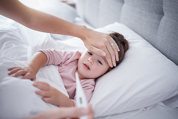 Image showing Sick, virus and fever child bedroom with mother feeling hot forehead, thermometer temperature and healthcare problem test results. Young girl kid resting at home for medical symptoms and covid risk