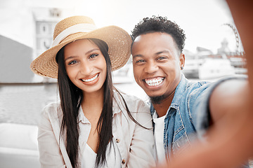 Image showing Couple selfie, travel and love date in the city together, happy live streaming video for social media on holiday and smile on vacation in Italy. Face portrait of man and woman with photo on holiday