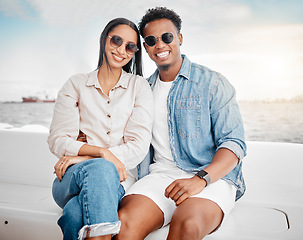 Image showing Happy couple on yacht, summer sea travel and monaco ocean in blue sky. Luxury vacation trip to relax, woman with beautiful smile and young rich man with fashion sunglasses in sunshine together