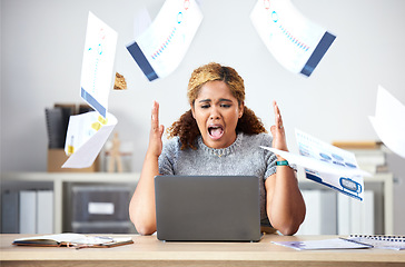 Image showing Stress business woman throwing paperwork documents in anger, frustrated and 404 laptop glitch in office. Anxiety, angry and shouting worker with internet problem, burnout crisis and online risk fear