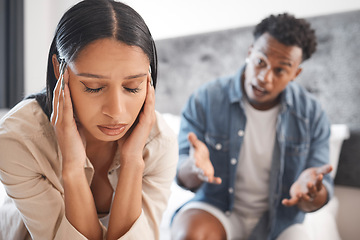 Image showing Couple fight, divorce stress and sad about mental health depression, anxiety from fear and tired of marriage problem in bedroom of home. Woman with headache in conflict with angry man in house