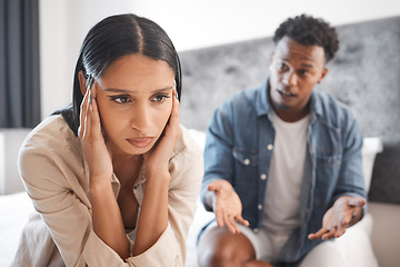 Image showing Couple fight, marriage depression and divorce stress, anxiety from mental health and tired of conflict in house bedroom. Sad woman frustrated with headache during communication with man about problem