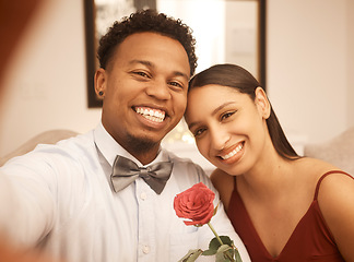 Image showing Selfie, smile and happy black man and woman on date in formal fashion excited for party or restaurant dinner. Portrait of African American couple in evening clothes smiling on romantic supper event