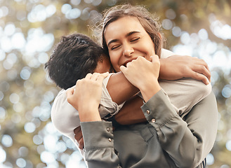 Image showing Couple smile, love and hug in outdoor, happy in marriage and support in forest together. Happy face of man and woman, embrace and relax with safety, trust and smile on romantic date in a park