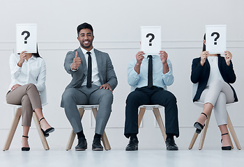 Image showing Recruitment row, question people and success of candidate with thumbs up for job interview at workplace. Happy, ok and yes hands gesture with hr proposal for onboarding of man at company.