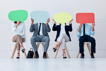 Image showing Speech bubble, opinion and business people for social media communication, vote or voice and waiting room HR recruitment. Corporate workers with branding board for advertising, marketing and mock up