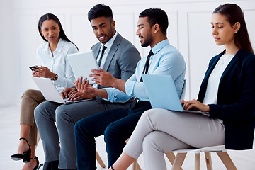 Image showing Recruitment, chair row and tablet with social conversation at company career candidate interview. Hiring queue for job application with friendly, helpful and professional people giving advice.