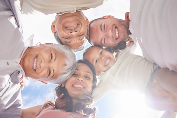 Image showing Family love, summer portrait and sky in nature, happy kid with parents and grandparents with smile in spring. Face of child with motivation and support from mother, father and senior people