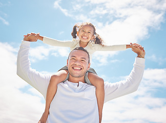 Image showing Family, girl child and father on holiday with clouds blue sky, sunshine and summer. Happy, care and love and dad playing with youth kid portrait on vacation break enjoying, having fun and piggyback