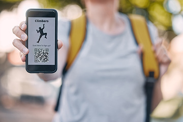 Image showing Person with phone and rock climbing app on a qr code scan on screen, logo or icon available for software download. Extreme sport application on mobile smartphone for climbers to join group or team