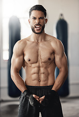 Image showing Fitness, sport and man boxer with motivation, vision or exercise goals, health and wellness in gym. Powerful flexing of healthy sports personal trainer with workout for muscle training body in studio