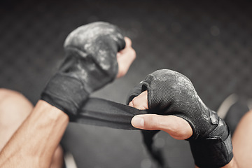 Image showing Motivation, mma and gloves with hands of boxing athlete ready to start fight, sport or match in arena, gym or class. Fitness, workout or training with sports trainer or boxer for health and power