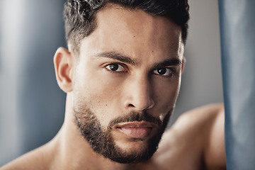 Image showing Portrait of muscular man in gym after fitness, exercise or workout and looking serious. Strong athlete cardio exercise, muscle power from sports and professional fight competition looking focused