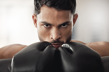 Image showing Sport, motivation and wellness boxer or fighter for sports, workout and exercise in boxing gym. Face portrait of fitness, personal trainer or mma athlete with health, training and healthy lifestyle.