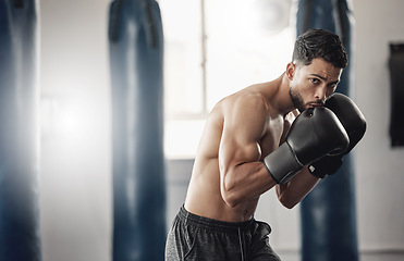 Image showing Boxing gym, man portrait and boxer pose technique for protection in mma fight practice studio. Exercise, fitness and athlete focus training for kickboxing safety and wellness preparation.